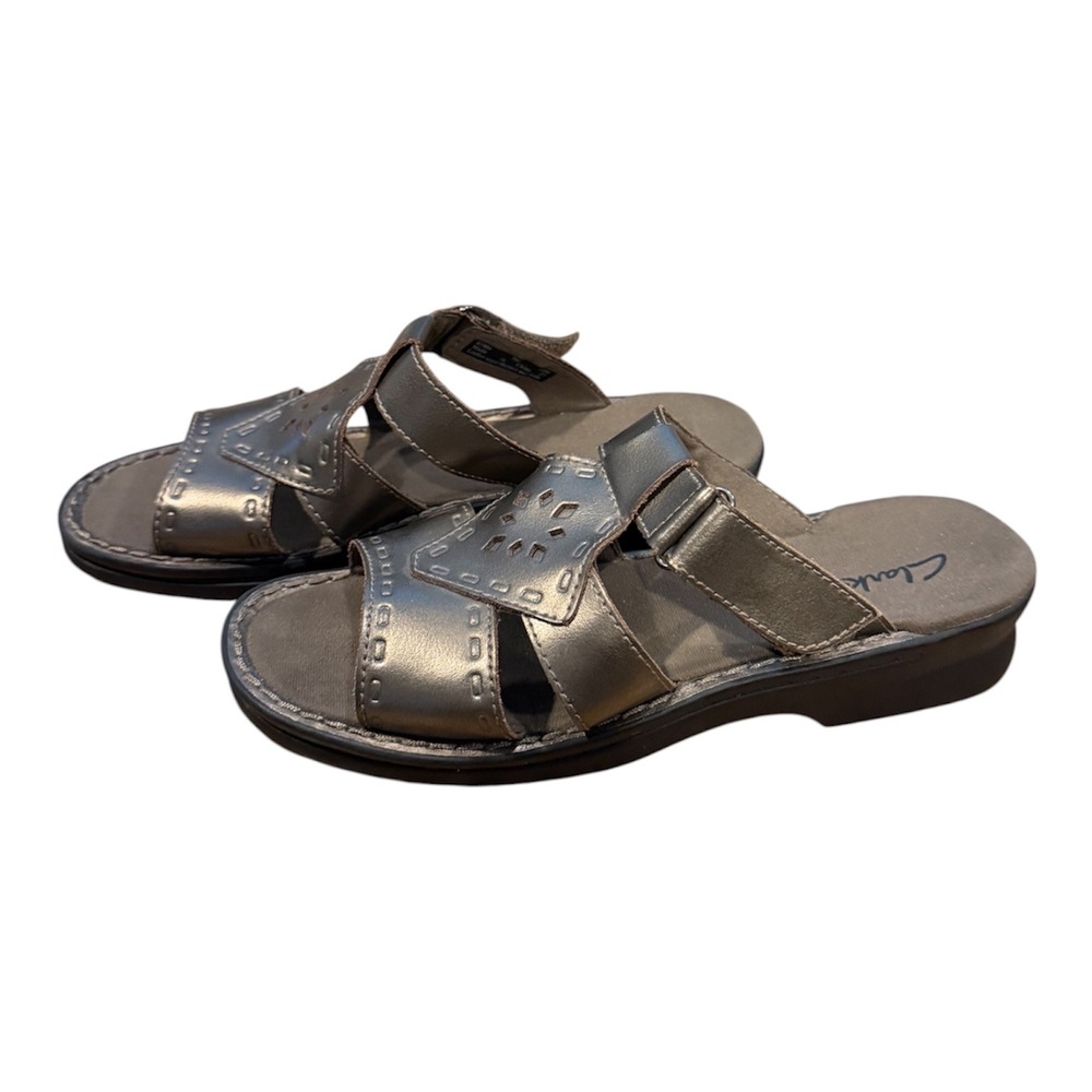 Clarks Womens Metallic Pewter Leather Slide Sandals Laser Cut 81906 Size 7M